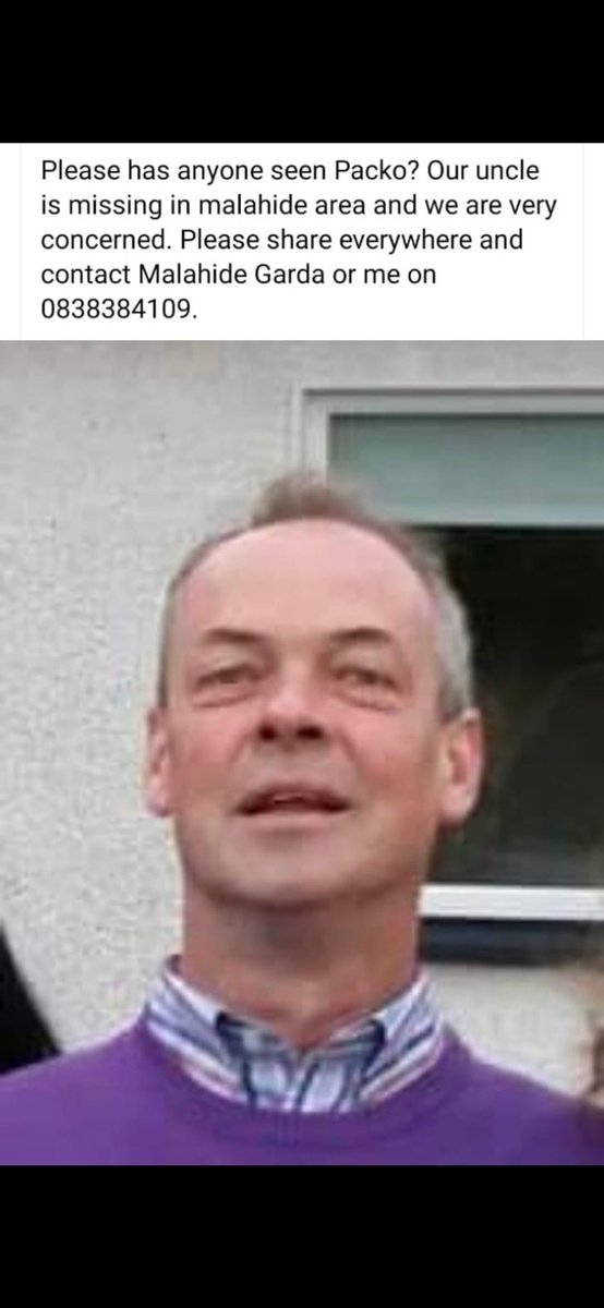 MalahideCC's tweet image. Our caretaker Pat/Packo has gone missing if anybody has seen Pat over the last day or so please contact Malahide Garda Station
