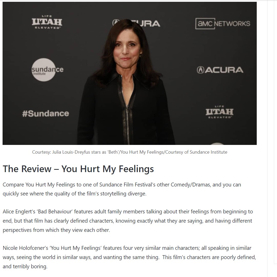 dragonmovieguy's tweet photo. #SundanceFilmFestival #YouHurtMyFeelings #written #moviereview is out on #ReviewNation!
#YouHurtMyFeelingsMovie from #NicoleHolofcener & starring #JuliaLouisDreyfus #TobiasMenzies #MichaelaWatkins #ArianMoayed for #Sundance2023. #DragonMovieGuy https://t.co/769koS4IZ4