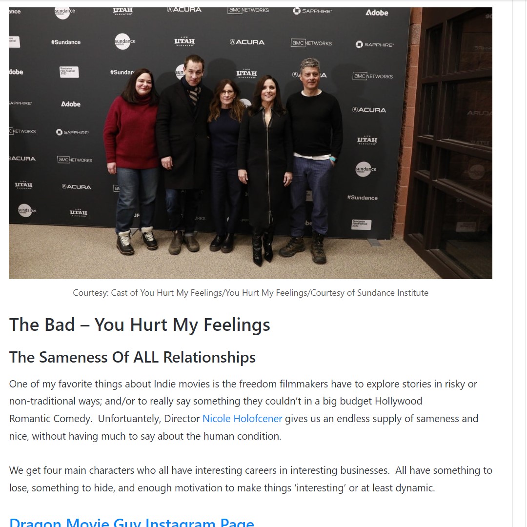 dragonmovieguy's tweet photo. #SundanceFilmFestival #YouHurtMyFeelings #written #moviereview is out on #ReviewNation!
#YouHurtMyFeelingsMovie from #NicoleHolofcener & starring #JuliaLouisDreyfus #TobiasMenzies #MichaelaWatkins #ArianMoayed for #Sundance2023. #DragonMovieGuy https://t.co/769koS4IZ4