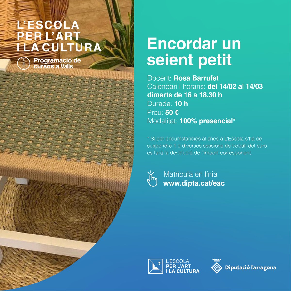 Dipta_cat's tweet photo. 🪡🪑 Aprèn a teixir o reparar un tamboret fet malbé o a donar un aire més modern a una cadira amb el nou curs "Encordar un seient petit" que t'ofereix l'#EscolaArtCultura de la @Dipta_cat a #Valls

📅 Dimarts tarda, del 14/FEB al 14/MAR
ℹ✏  https://t.co/plTcj7uBI4 #DiptaSuma https://t.co/MBWniNNaIN