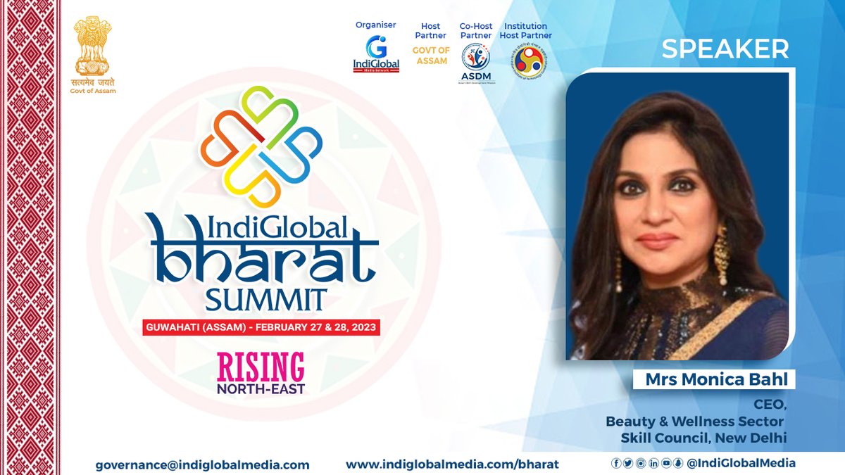 IndiglobalMedia's tweet photo. We are elated to welcome Mrs Monica Bahl, CEO, Beauty & Wellness Sector Skill Council, New Delhi as Speaker at the two-day mega GoA-IIT-G IndiGlobal Bharat Summit 2023
#IndiGlobalMedia #IndiGlobalBharat #BharatSummit #FICSI
More Info: https://t.co/qNTeYHIZ9e https://t.co/uTZAV9jKN0