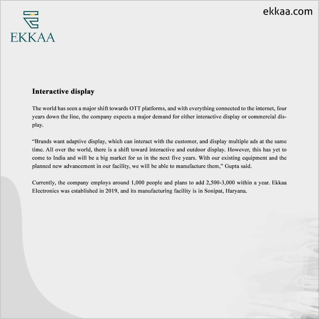 ekkaaofficial's tweet photo. Mr. Sagar Gupta, Founder & Director of Ekkaa Electronics, told Businessline that the company will extend its product line.
To read more : https://t.co/mg7Pyl2zm8
#Ekkaa #OEM #LEDTV #Industry #ProductLine #NewFactory https://t.co/nof2IXXYOR