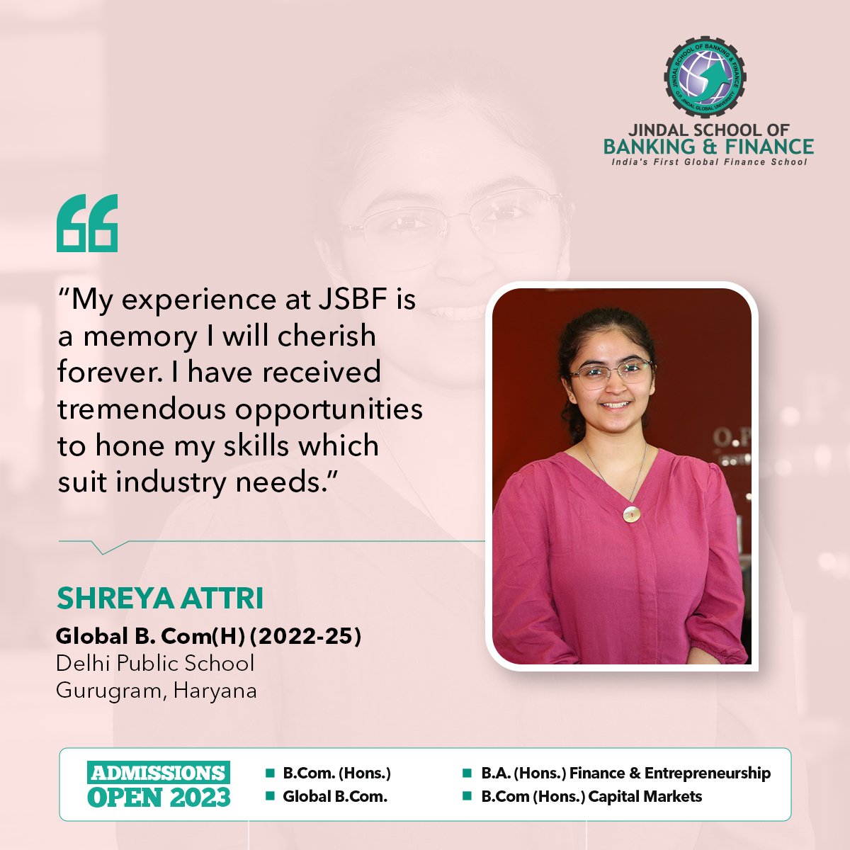 jsbfjgu's tweet photo. Shreya Attri - Global https://t.co/4YCkwNYVjN (H), Batch of 2022-25, joined JSBF to pursue her academic growth. In turn, she received opportunities that allowed her to develop and sharpen her soft skills.
Here is Shreya sharing her experience. 
Apply Now: https://t.co/4C4PATmAe1 https://t.co/S6pFkMZi03