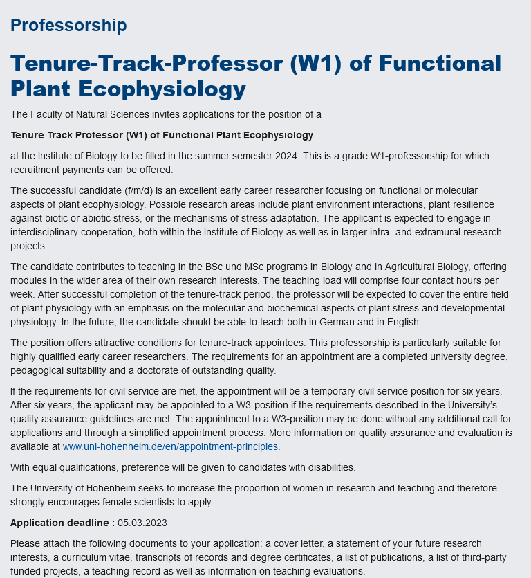 Pls spread the word: we are looking for a Professor (tenure-track W1) of Functional plant Ecophysiology