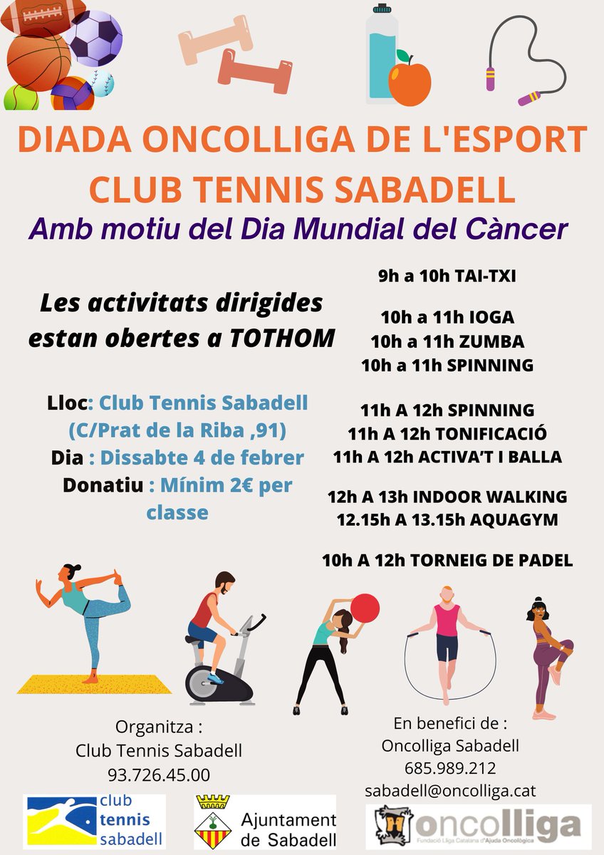 OncolligaCAT's tweet photo. 📣 Amb motiu del #DiaMundialdelCàncer la Junta de Sabadell participa en la Diada d'Oncolliga de l'esport al @tennissabadell.
➡ Les activitats estan obertes a tothom amb un donatiu mínim de 2 € destinat a ajudar a les persones amb càncer i els seus familiars. Us hi esperem! https://t.co/tw0WvR5GOY