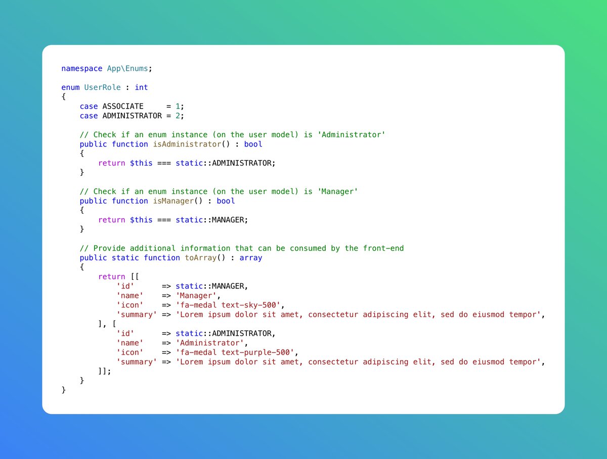 mattkingshott's tweet photo. 🔥 #Laravel / PHP Tip: Enums don't have to just be a list of constants. You can add methods to them.

Why not add one to check an instance's value? 

Or add one to share extra data with your front-end. Then it becomes a source of truth / avoids duplication. https://t.co/FkS0uQNuQQ