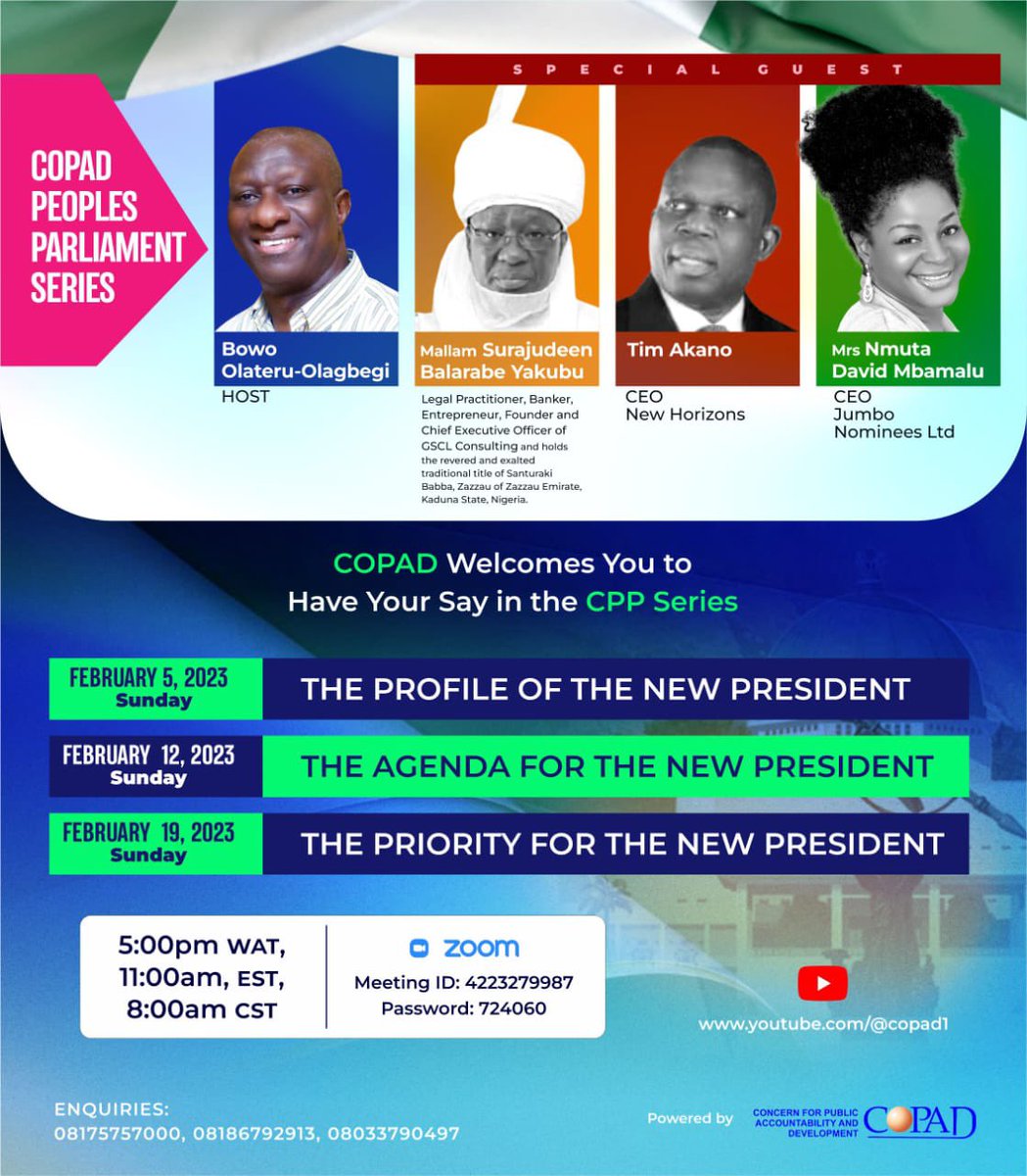 TimAkano1's tweet photo. I am honoured to be a guest speaker at the CONCERN FOR PUBLIC ACCOUNTABILITY AND
DEVELOPMENT (COPAD) 2023 People’s Parliament Series. 

To register, click the link in the flyer.
I look forward to seeing you all there. https://t.co/c5YaOopIkR
