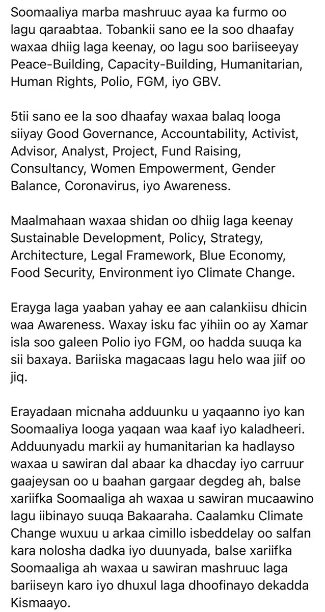 HusseinSabrie's tweet photo. Soomaaliya marba mashruuc ayaa ka furmo oo lagu qaraabtaa. Tobankii sano ee la soo dhaafay waxaa dhiig laga keenay, oo lagu soo bariiseeyay Peace-Building, Capacity-Building, Humanitarian, Human Rights, Polio, FGM, iyo GBV. https://t.co/QkZQjAqgUy