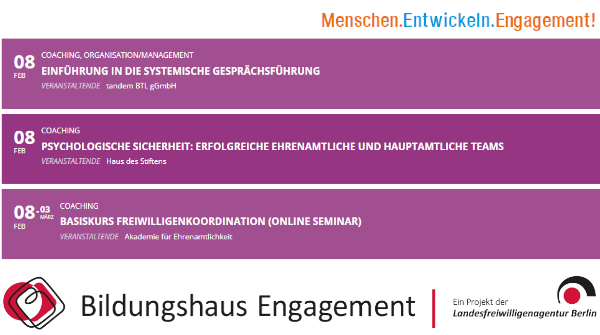 #OTD 8. Februar | Im #BILDUNGSATLAS notiert: Systemische Gesprächsführung - Psychologische Sicherheit in Teams - Basiskurs Freiwilligenkoordination (AfE)  ➔ bildungshaus-engagement.berlin/bildungsatlas/

#MenschenEntwickelnEngagement #BildungshausEngagement