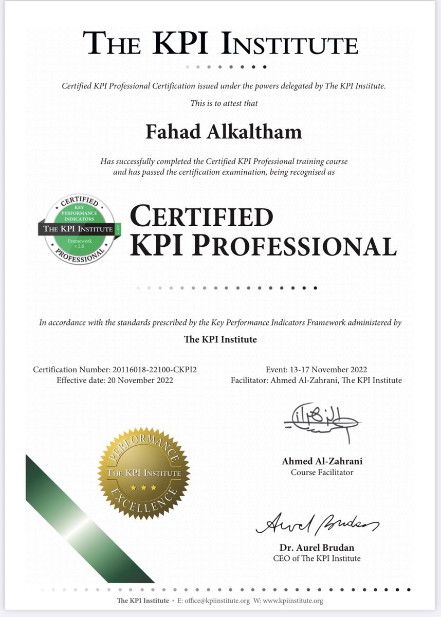 f_hhk7's tweet photo. حمدلله وبتوفيق منه حصلت على شهادة محترف  مؤشرات الاداء C-KPI المعتمدة من@smartKPIs ومما انا فخورٌ به ان المدرب كان المهندس @ENGAALZAHRANI الذي لم يدخر جهدا في نقل المعرفة لنا

I am happy to announce that I have achieved #CKPI and now I am officially certified by The @smartKPIs . https://t.co/dq9okVIgcO