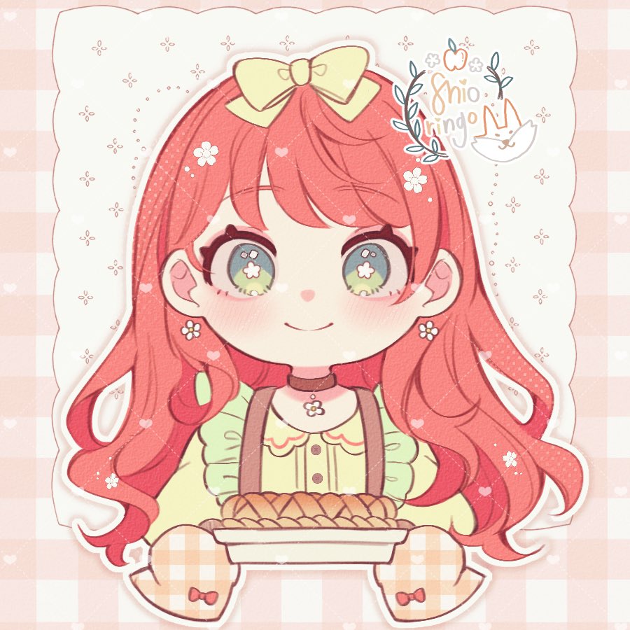 1girl solo oven mitts flower earrings smile bow blush  illustration images