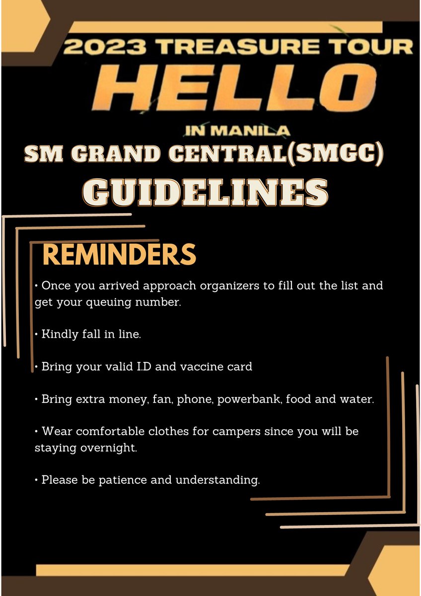 hynskcart's tweet photo. TEU-HI!!! 💎

We will organize unofficial queueing for 2023 Treasure Tour HELLO in Manila. Here are the guidelines for those who will fall in line on SM Grand Central (SMGC) 

Join our fb gc to be updated about the queuing that we organized and guidelines if you will be camping. https://t.co/ozyN31U3M5