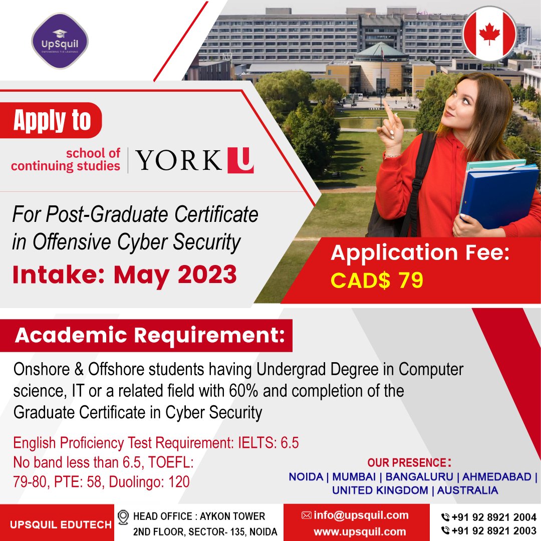 upsquil's tweet photo. UpSquil has made it simpler than ever to fulfil your dreams of attending the prestigious York University in Canada.
☏ Contact - +919289212004
🌐 Website - https://t.co/I3nIfrbqkv
#Upsquil #Upsquil_Edutech #cybersecurity #studycybersecurity #programming #gradution #canada https://t.co/voT2l6T5By