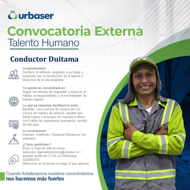 UrbaserDuitama's tweet photo. #OportunidadLaboral en Duitama para:

✅ Coordinador (a) de Gestión Social 
✅ Conductor 
✅ Ayudante de Recolección

Si cumples con el perfil puedes aplicar a través de:

📩 Correo Electrónico: seleccion.regionalnororiente@urbaser.co
📲 WhatsApp: 322 269 4174

#trabajosíhay https://t.co/71rT0V6uYL