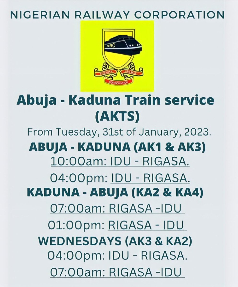 info_NRC's tweet photo. PRESS RELEASE.
AKTS, the Service will resume on Tuesday 31st January 2023.

The Board and Management of The Nigerian Railway Corporation is pleased to announce the recommencement of the Abuja Kaduna Train Service which was suspended on Friday 27th January 2023….. https://t.co/Nn8CXUa9Kg