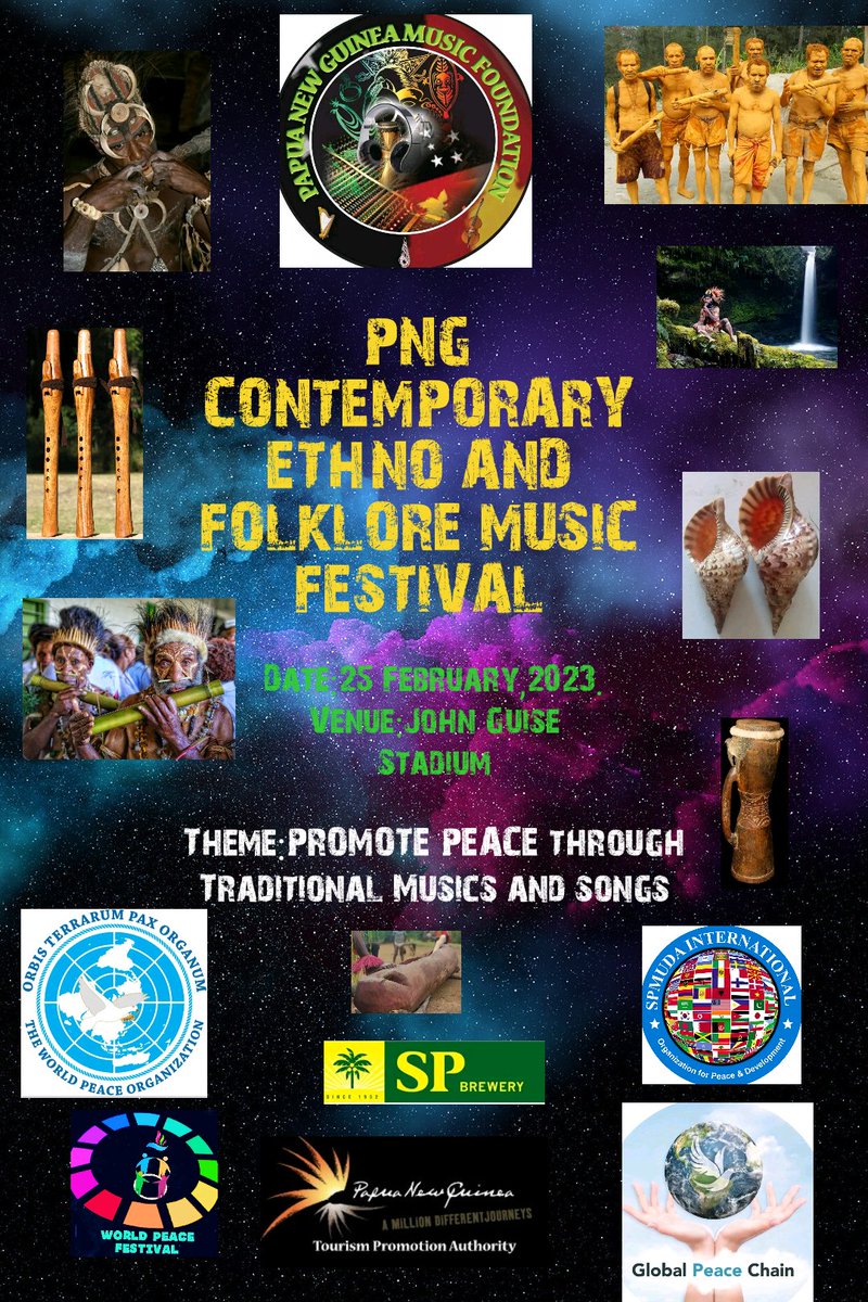 WORLDPEACEFEST2's tweet photo. PNG CONTEMPORARY ETHNO AND FOLKLORE MUSIC FESTIVAL..

Theme:Promote PEACE through presentation of Traditional Peace MUSICS and songs.
Let's make our community,our society and our world a better place through sharing PEACE. https://t.co/qL2lblPbz9