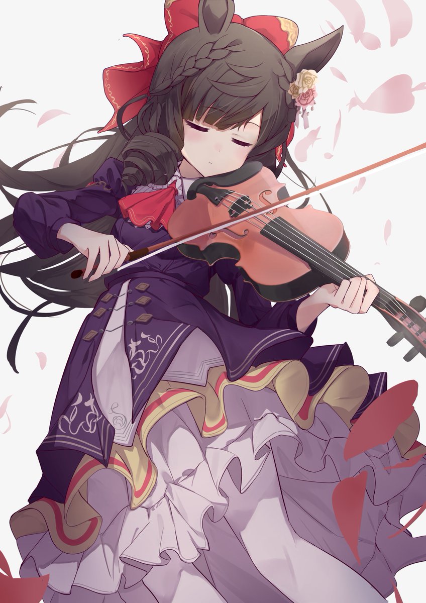 1girl animal ears horse ears solo violin closed eyes instrument  illustration images