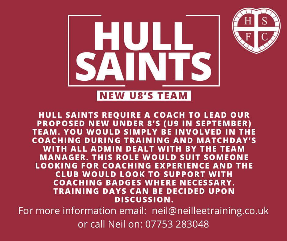 neilleetraining's tweet photo. Hull Saints are looking for a volunteer coach to support a new Under 8s team (current year 3).

This will be just a coaching role working with the team at training and on match days.

If interested please contact me via DM or 07753283048 / neil@neilleetraining.co.uk https://t.co/TPpHD6Weac