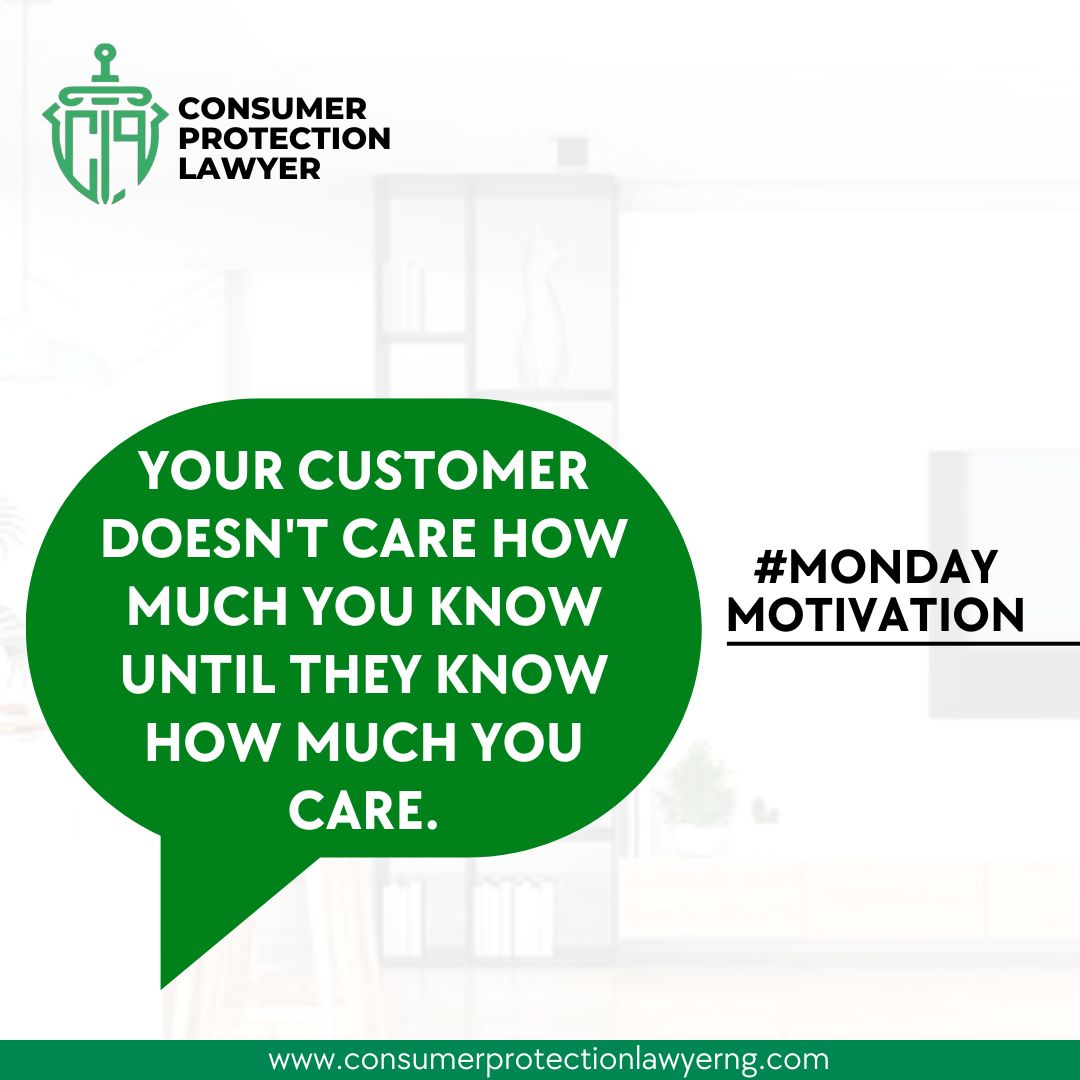 cplawyernig's tweet photo. #mondayvibes 
Your Customer Doesn't Care How Much You know, Untill they know how much you care.
#cplawyernig #ConsumerProtection #fyp #trending #customer #businessowners #mondaymotivation https://t.co/KWHi4DuWF1