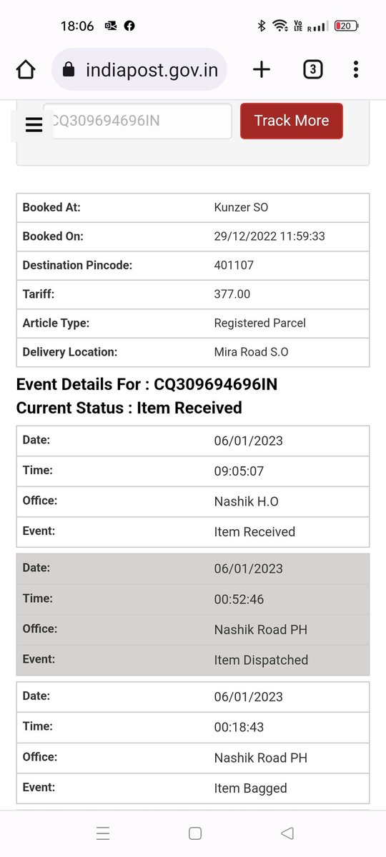 SaGaDryFruits's tweet photo. @IndiaPostOffice 
My parcel was booked on 29-12-2022 at Kunzer SO. Its still not delivered at my Home.
Consignment number CQ309694696IN
Even After raising multiple complaints I haven't got my parcel.
Complaint number 2002442279
Can someone please help? 
#indiapost
@pmgmumbai https://t.co/2SFjcx99Po