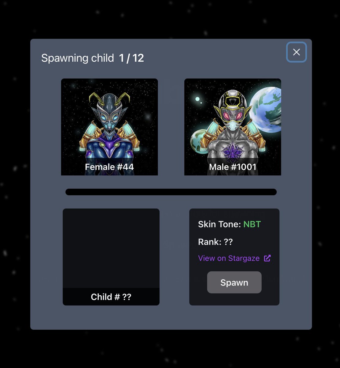 🚨Spawning Station is Live!

⭐️Hodlers of Alpha Centaurian matching couples can now spawn their free children!

⭐️Head over here, connect your wallet and receive your free on-chain NFT:

spawn.alphacentaurians.club

Only on <a href="/StargazeZone/">Stargaze ✨🔭</a>