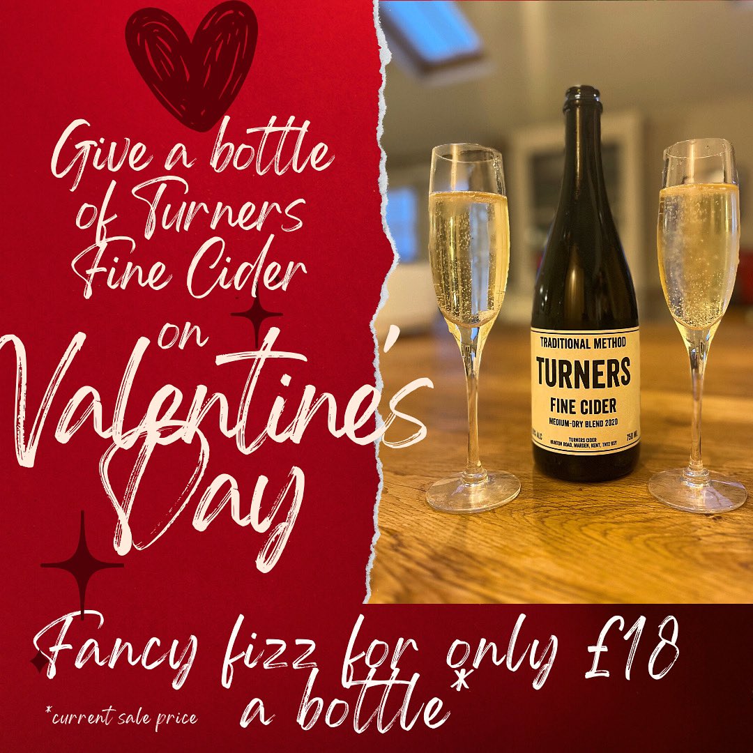 Turners Fine Cider - fancy local fizz for only £18 a bottle (current sale price)! Perfect for Valentine’s Day ❣️👌🏻🍎 Available to buy on our web-shop. Free local delivery 🚚