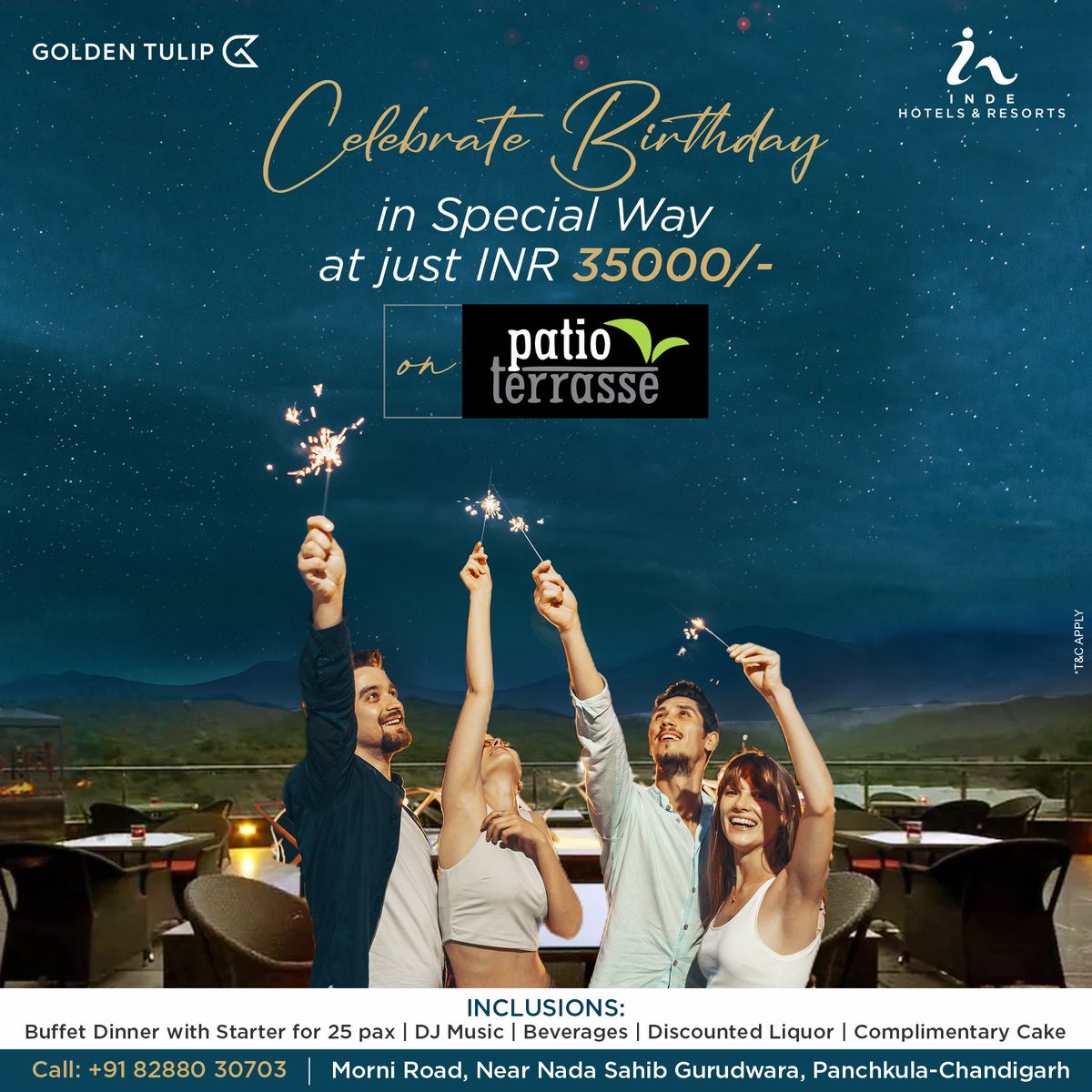 Make your #Birthdays all the more Special with #GoldenTulipChandigarhPanchkula’s Exclusive #CelebrationPackage of just ₹35000/- inclusive of 
#BuffetDinner with Starter for 25 pax. #DJ, #Beverages, #ComplimentaryCake.
#BookNow:  +91 82880 30703.
#PartyDestination #HotelResort