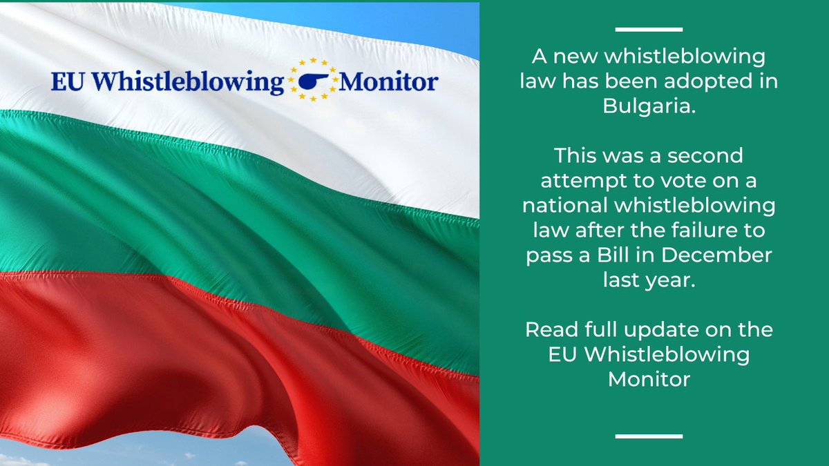 whistleblowing's tweet photo. 🚨🇪🇺EU Whistleblowing Monitor Update🇪🇺🚨

🇧🇬Bulgaria: New #whistleblowing law adopted making it the 16th country to transpose the EU Directive on whistleblowing over a year past the deadline

Read full update on the #EUWhistleblowingMonitor ➡️https://t.co/i61msHVOPy https://t.co/ZyO3nYP8lY