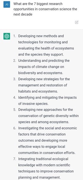 jgeldmann's tweet photo. I asked #chatgpt what are the 7 biggest challenges and research opportunities for nature conservation the next decade. Two times three seconds later: https://t.co/xOmkRPltTW