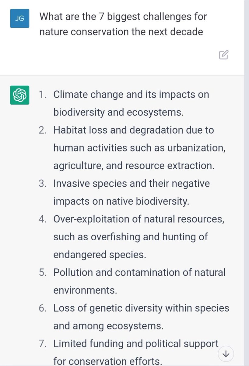 jgeldmann's tweet photo. I asked #chatgpt what are the 7 biggest challenges and research opportunities for nature conservation the next decade. Two times three seconds later: https://t.co/xOmkRPltTW