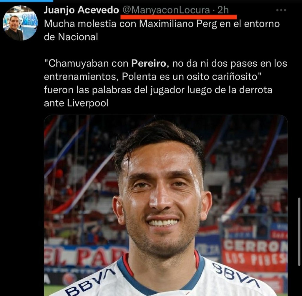 Aclaro por las dudas que un tw que anda circulando con unas supuestas declaraciones del futbolista de Nacional Maximiliano Perg no lo escribí yo, ni tengo nada que ver.
No es mi cuenta.
Si pueden compartan, gracias