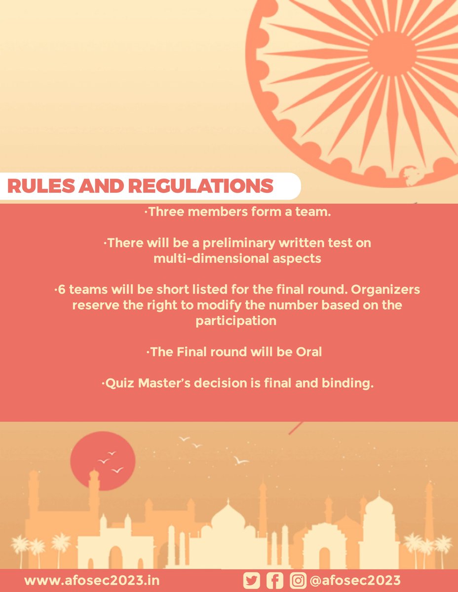 afosec2023's tweet photo. "Discover India's rich culture and history in AFOSEC 2K23's Glimpses of India quiz. Join us on a journey of trivia and fascination!"
#Afosec2023 #vrsec https://t.co/FEEd2m674y