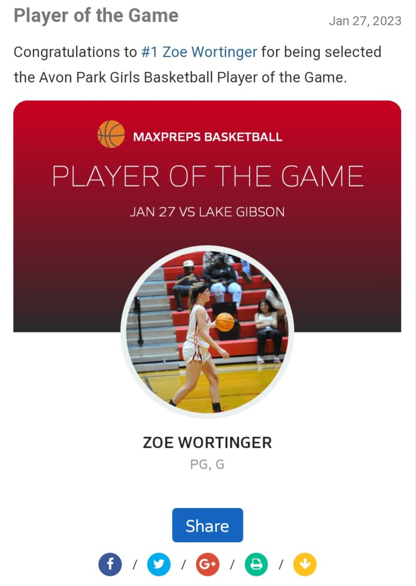APHSGBB's tweet photo. Congratulations to Zoe Wortinger for being selected player of the game against Lake Gibson! https://t.co/vPEnv5gdE1