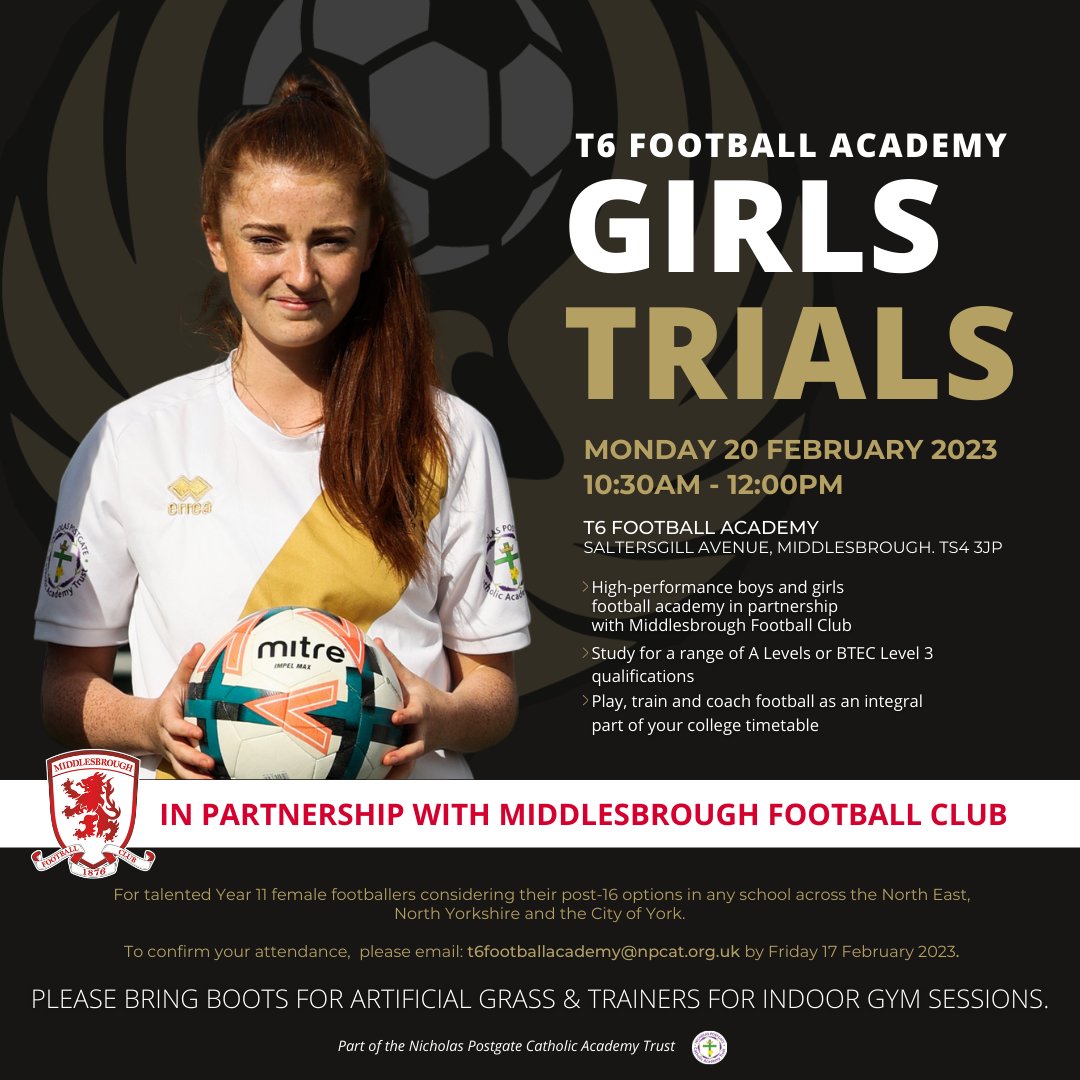 T6FOOTBALLACAD's tweet photo. Want to combine football and study? Why not join the Girls T6 Football Academy for the start of the 2023/24 season.

Register your attendance for your trial via email TODAY!!

📅Mon 20 Feb 2023!
📍T6 Football Academy, TS4 3JP
⏰ 10:30AM - 12:00PM
📧 t6footballacademy@npcat.org.uk https://t.co/ICyNrlYUxl