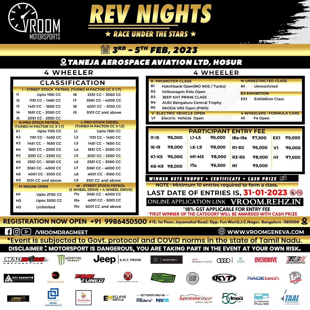Action packed weekend at #REVNIGHTS, nothing like before!
Super cars &amp; bikes, Indian cars and bikes racing to the finish line competing the quarter mile🚀🚀
February 4th and 5th🗓️
Book tickets on insider.in
#vroomdragmeet #dragrace #bikerace #supercars <a href="/justvroom/">VROOM MOTORSPORTS</a>