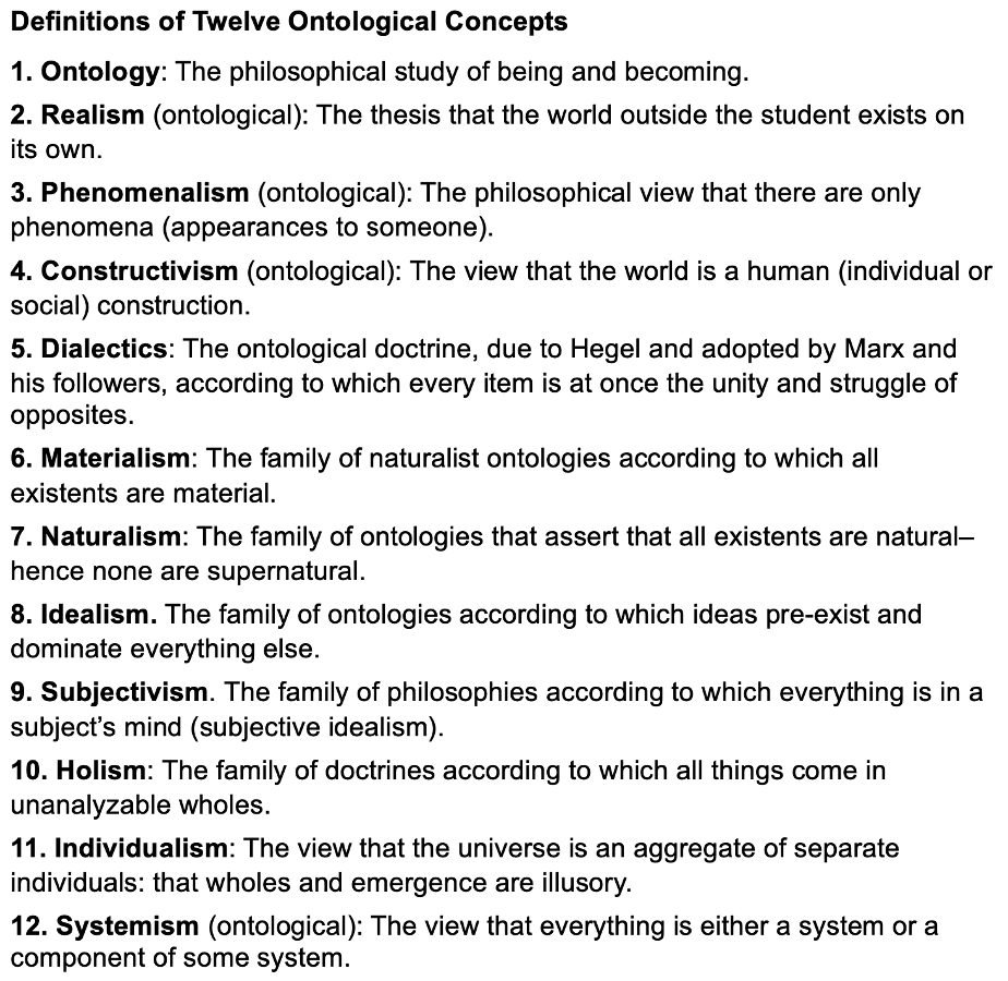 GerardoMunck's tweet photo. 𝟭/𝟭𝟭 𝗕𝗮𝘀𝗶𝗰 𝗖𝗼𝗻𝗰𝗲𝗽𝘁𝘀. To start, it is key to understand basic ontological concepts. As a memory aid, I copy here (from a glossary by Mario Bunge) short definitions of 12 concepts that are central to a discussion of ontology. https://t.co/Ook186outt
