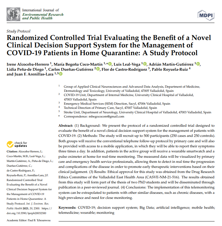 TechIncrease's tweet photo. Hoy compartimos una nueva publicación "Randomized Controlled Trial Evaluating the Benefit of a Novel Clinical Decision Support System for the Management of COVID-19 Patients in Home Quarantine: A Study Protocol"
Gracias equipo SOY+ @UVa_es @ArenillasJF  
https://t.co/8f1lQuKMCT https://t.co/kz7lt4DZNr