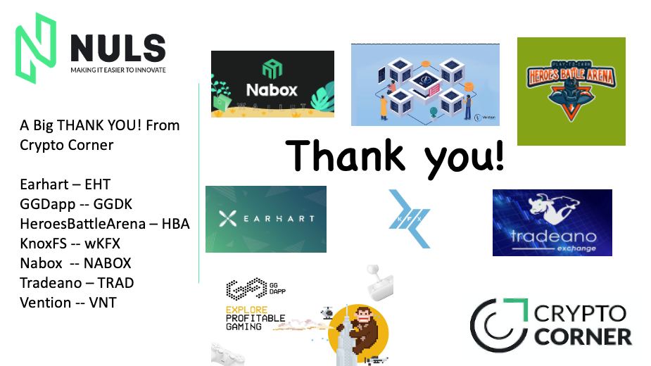Nuls's tweet photo. #NULS and #CryptoCorner sends a Big ThankYou to Earhart, GGDapp, HeroesBattle Arena, KnoxFS, Nabox, Tradeano, Vention for their contribution to Crypto Corner Jan 23 prizes.
#EHT #GGDK #HBA #wFFX #NABOX #TRAD #VNT https://t.co/RtxXpNhUA9