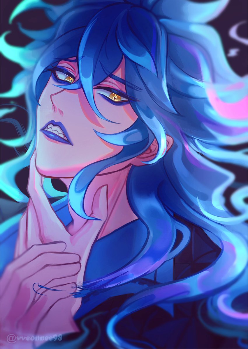 male focus blue lips yellow eyes 1boy makeup long hair blue hair  illustration images