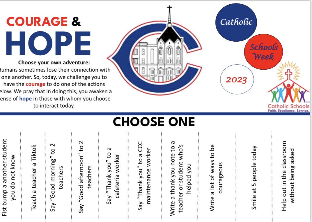 Happy Catholic Schools Week, Ironmen Nation!!!
Today our theme is courage and hope and the group we are appreciating is the staff members! In first period teachers will lead our students in a brief activity to promote courage.