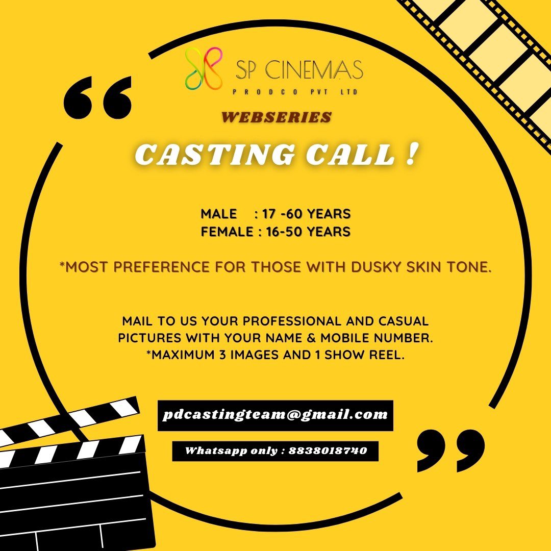 CastingCallTam's tweet photo. #CASTINGCALLALERT for
@thespcinemas โs upcoming webseries. Weโre looking for artists for principal roles.
Send your profile along with a one minute video of yourself
pdcastingteam@gmail.com
For more queries
8838018740
#casting #webseries #actors https://t.co/pK8a26eJ97