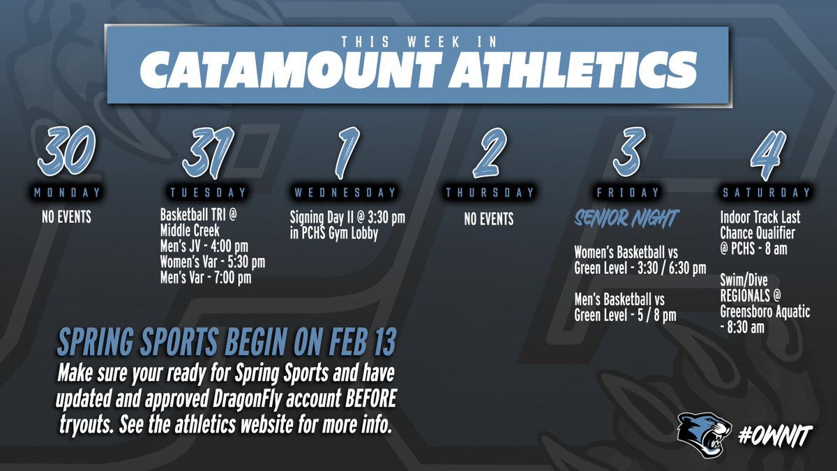 Check Out This Week In Catamount Athletics!
January 30, 2023 - February 4, 2023
𝗚𝗼𝗼𝗱 𝗹𝘂𝗰𝗸 𝘄𝗶𝘁𝗵 𝘆𝗼𝘂𝗿 𝘀𝗲𝗰𝗼𝗻𝗱 𝘀𝗲𝗺𝗲𝘀𝘁𝗲𝗿 𝗼𝗳 𝗰𝗹𝗮𝘀𝘀𝗲𝘀 𝗖𝗮𝘁𝗮𝗺𝗼𝘂𝗻𝘁𝘀!
cc: <a href="/BoosterCreek/">Panther Creek Booster Club</a>