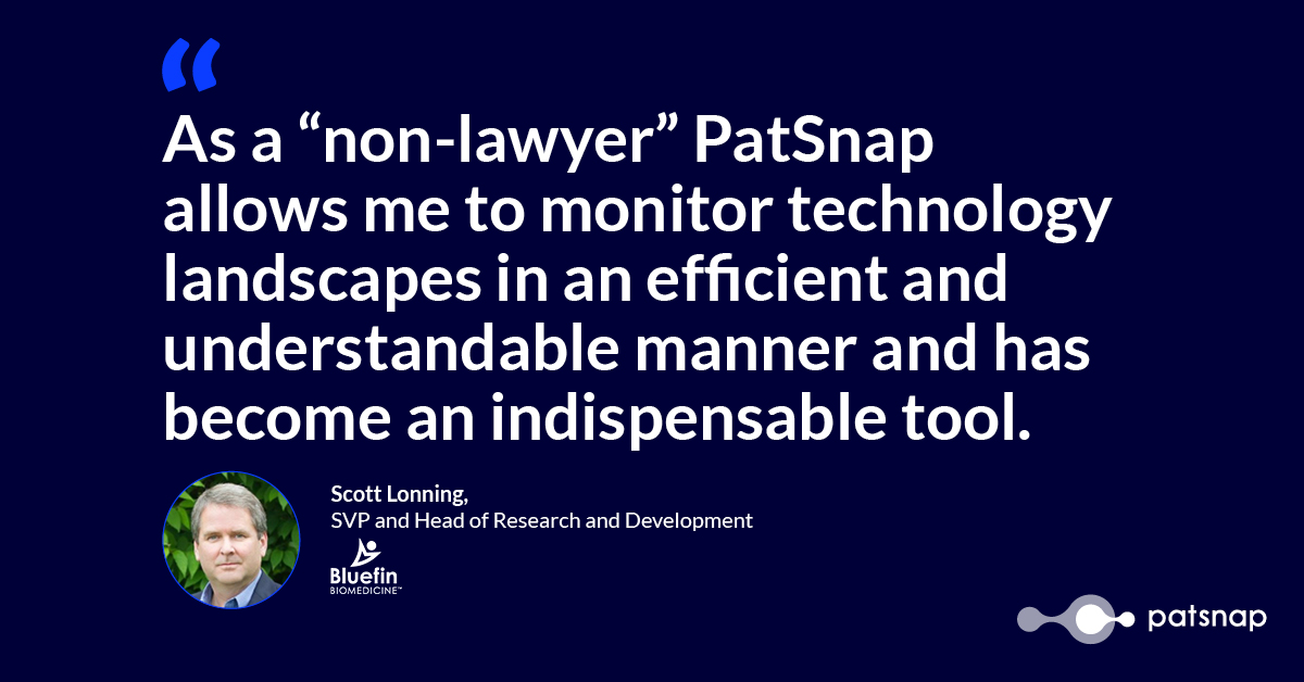 Patsnap's tweet photo. Bluefin Biomedicine's Head of Research and Development, Scott Lonning, uses PatSnap to monitor #technology landscapes. He describes PatSnap's #innovation intelligence platform  as "indispensable." 

Read more #success stories: https://t.co/8Fx33AWmFY https://t.co/uENQctFIkk