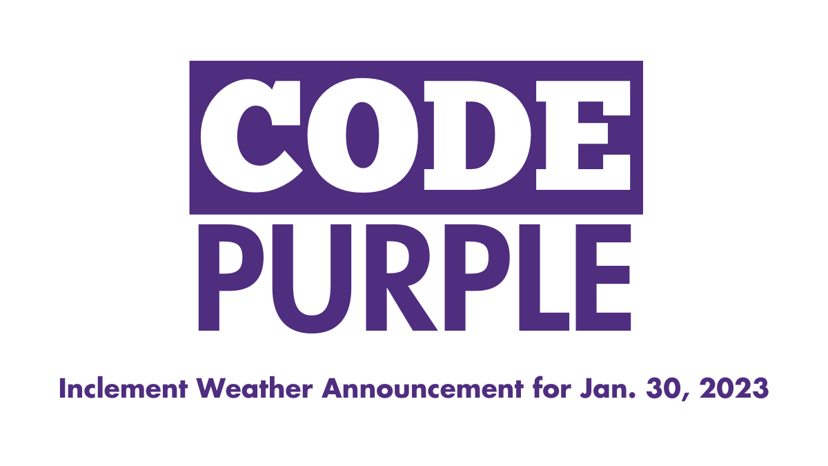 CODE PURPLE: Out of an abundance of caution of possible ice accumulation, all Tarleton State University campuses will be closed until 10 a.m. today, Monday, Jan. 30.
