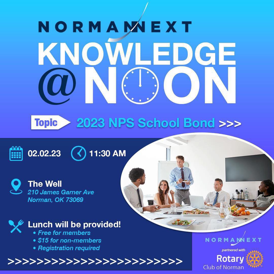 Norman NEXT (@normannext) on Twitter photo Join Norman NEXT and <a href="/NormanRotary/">Norman Rotary</a> THIS THURSDAY at <a href="/TheWellOklahoma/">The Well</a> for a lunch and presentation from Dr. Nick Migliorino discussing the Feb 14th <a href="/NormanSchools/">Norman Public Schools</a> School Bond Vote. Lunch will be provided.
Register at tinyurl.com/2pnwsstd Join Norman NEXT and <a href="/NormanRotary/">Norman Rotary</a> THIS THURSDAY at <a href="/TheWellOklahoma/">The Well</a> for a lunch and presentation from Dr. Nick Migliorino discussing the Feb 14th <a href="/NormanSchools/">Norman Public Schools</a> School Bond Vote. Lunch will be provided.
Register at tinyurl.com/2pnwsstd