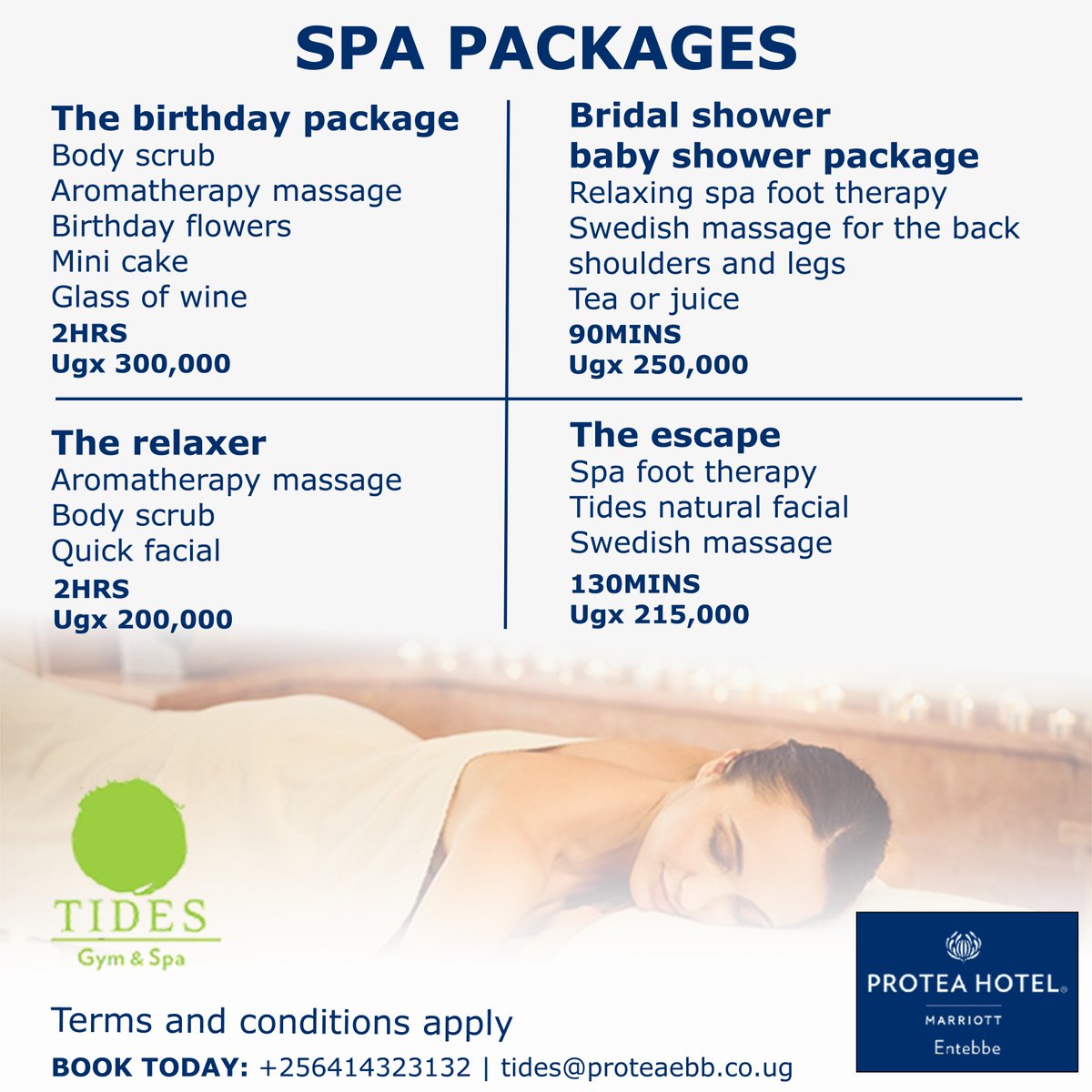 ProteaEntebbe's tweet photo. Treat yourself to a day of self-care with our luxurious spa packages at Tides Gym &amp; Spa. Unwind, recharge, and feel refreshed from head to toe. Book now for the ultimate spa experience! Call 0414323132

#ProteaEntebbe #TidesGymAndSpa #SpaPackages https://t.co/aXhxr5LQzR