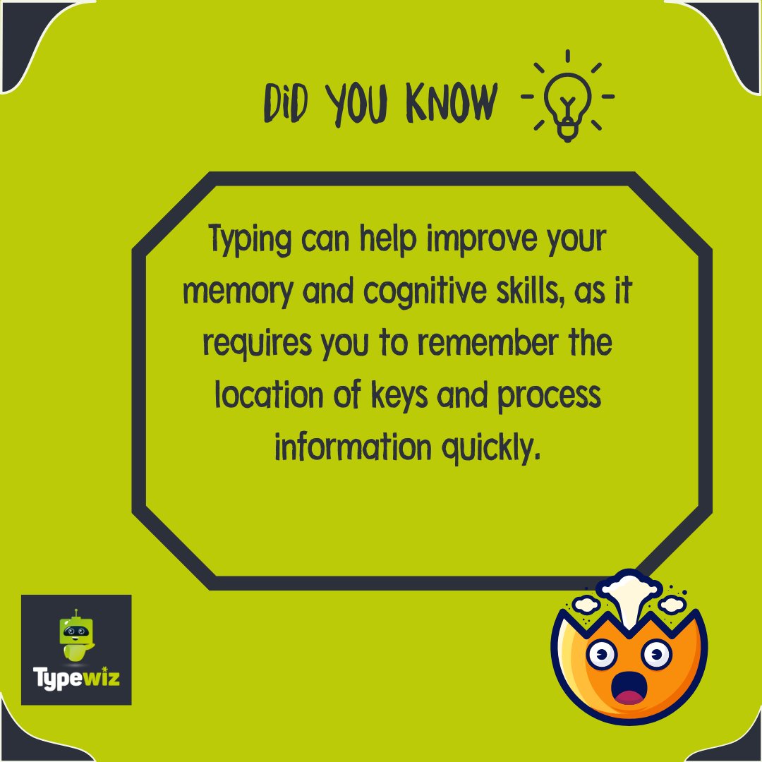 typewiz's tweet image. Did you know? 😀

Typing can help improve your memory and cognitive skills, as it requires you to remember the location of keys and process information quickly. 
#typingtips #typingtricks #didyouknow