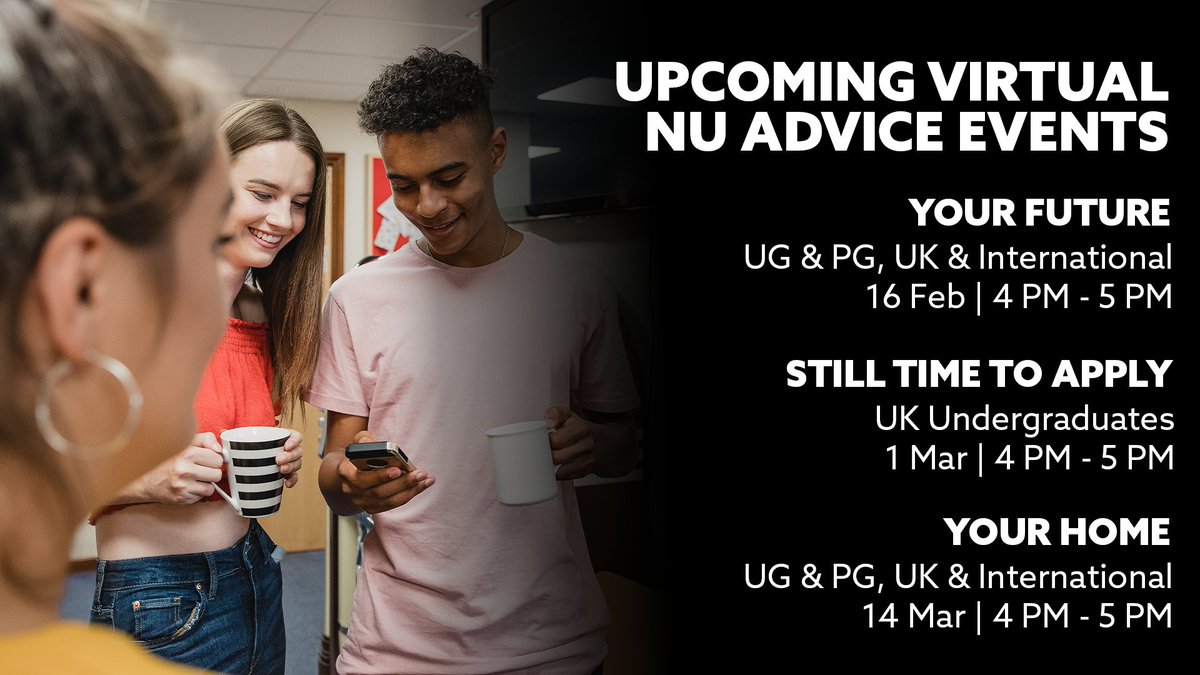 Upcoming #Virtual NU Advice Events 📅 

Throughout February and March, we have lots more of our NU Advice events taking place where students can hear from expert panel members and get #University questions answered. 

Book now: https://t.co/PDn10kncqN https://t.co/sJ9wlMMcwB