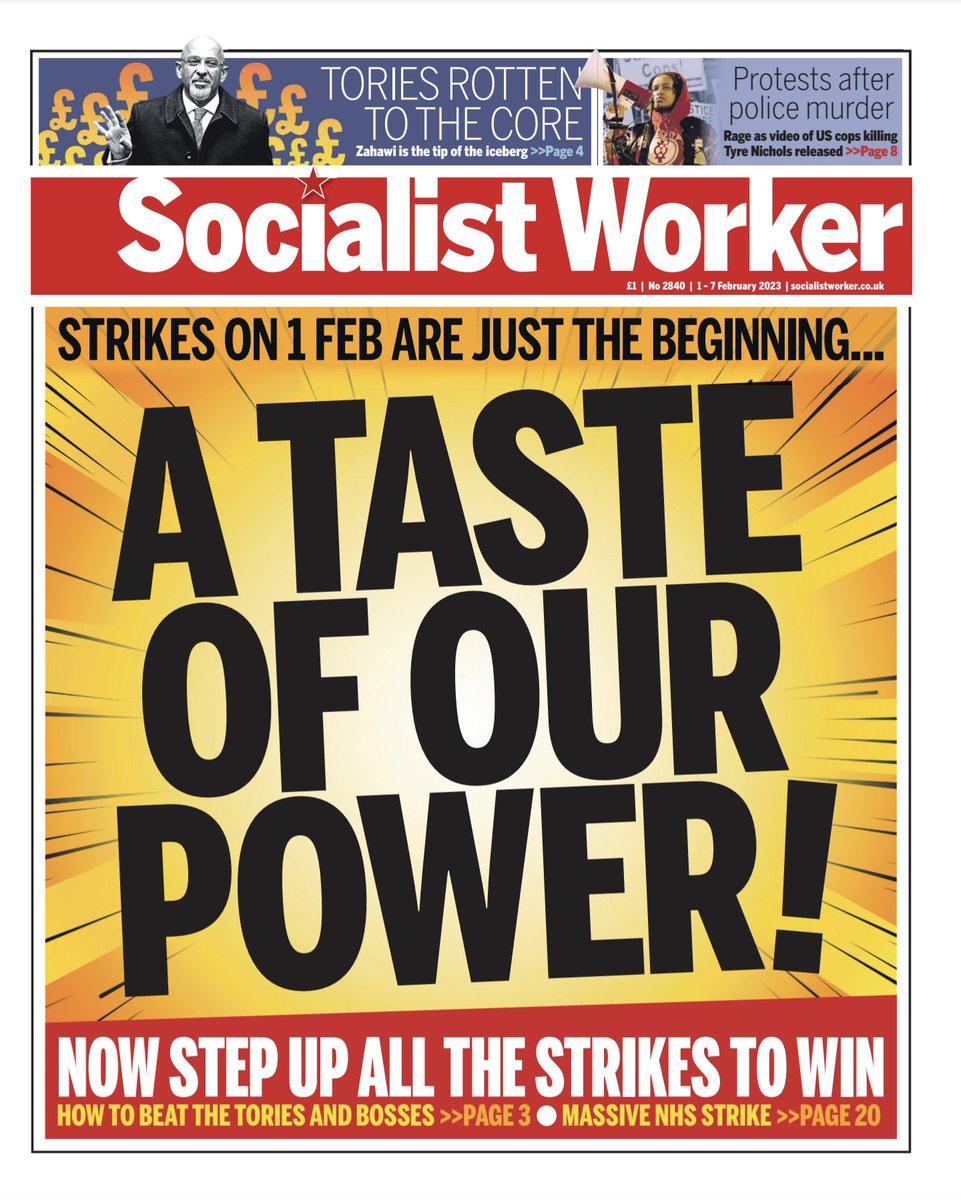 socialistworker's tweet photo. The new Socialist Worker is out now. 

🚩Strikes on 1 Feb are just the beginning...

💥A taste of our power! 

✨Now step up all the strikes to win ✊🏼✊🏾✊🏿
#RightToStrike #AllOut1Feb
#RightToProtest #ToriesOut207

📚Read more at https://t.co/IbxyejTYWB https://t.co/1bHU3JGbXM