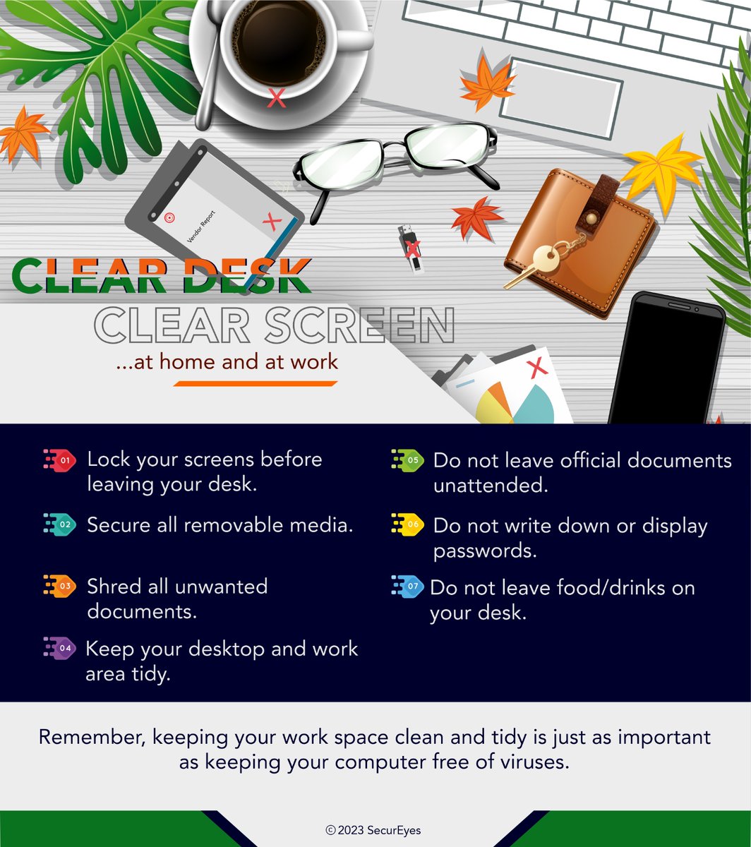SecurEyesHQ's tweet image. A small miss can create a problem. Always ensure to clean your screen to protect data and clear your desk to avoid loss/ damage.

#cybersecurity #cyberhygiene #dataprivacyfirst #SafetyFirst